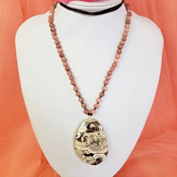 Large Gray & White Jasper Stone Pendant on Brown Cord Necklace Pink Agate Beads - Picture 1 of 12